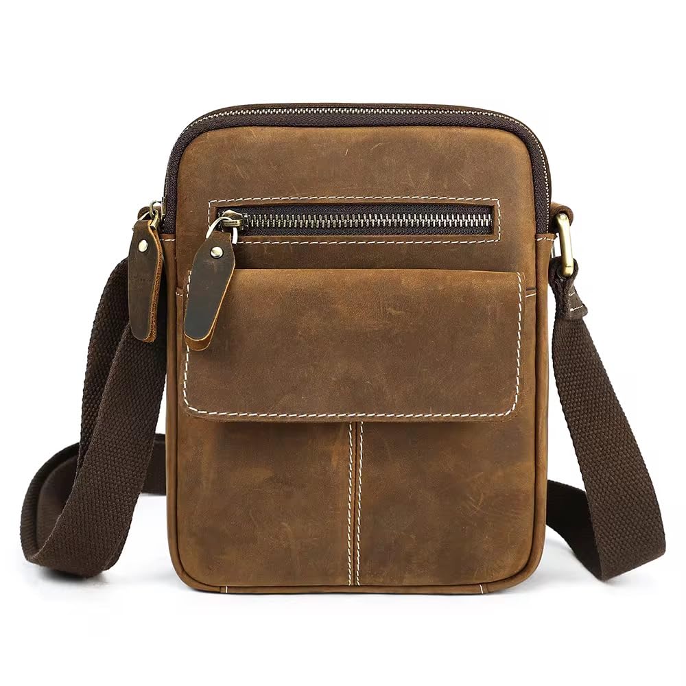 Men’s Genuine Leather Crossbody Bag, Vintage Shoulder Sling Bag with Adjustable Strap, Zipper Pockets, Brown