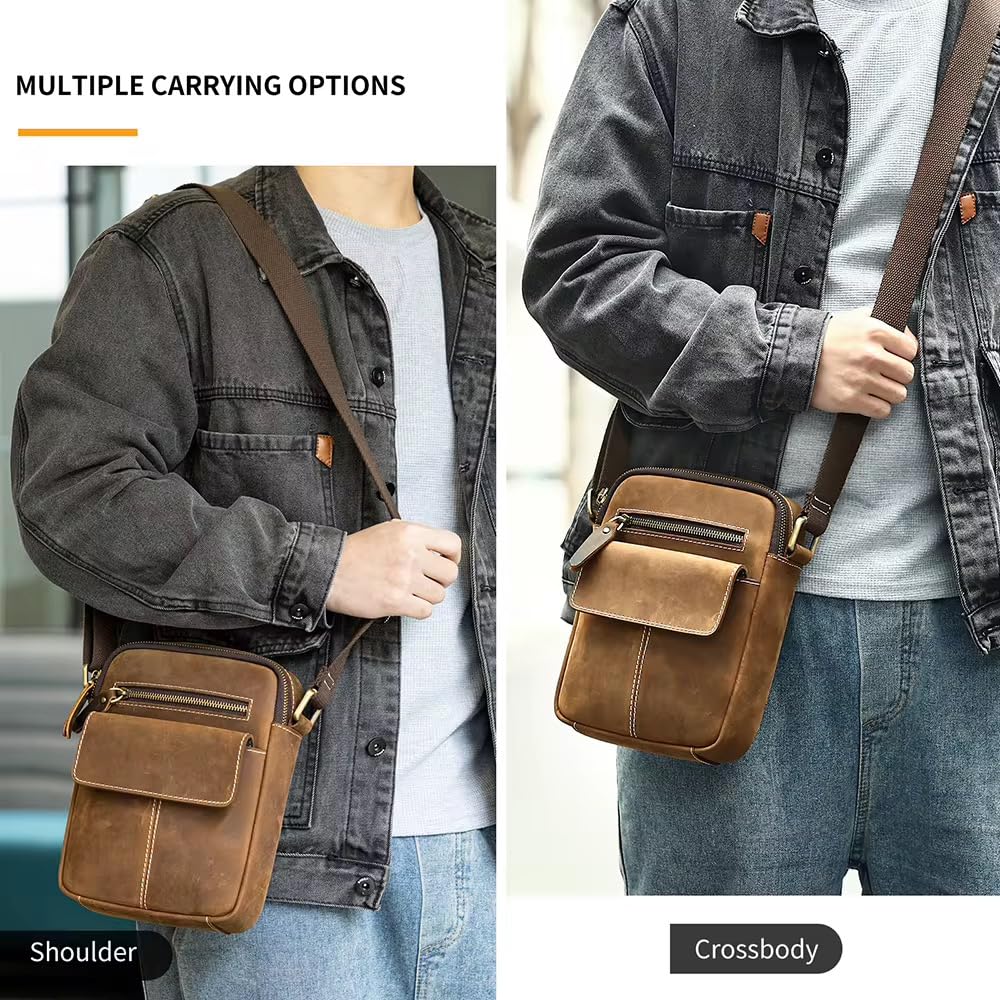 Men’s Genuine Leather Crossbody Bag, Vintage Shoulder Sling Bag with Adjustable Strap, Zipper Pockets, Brown