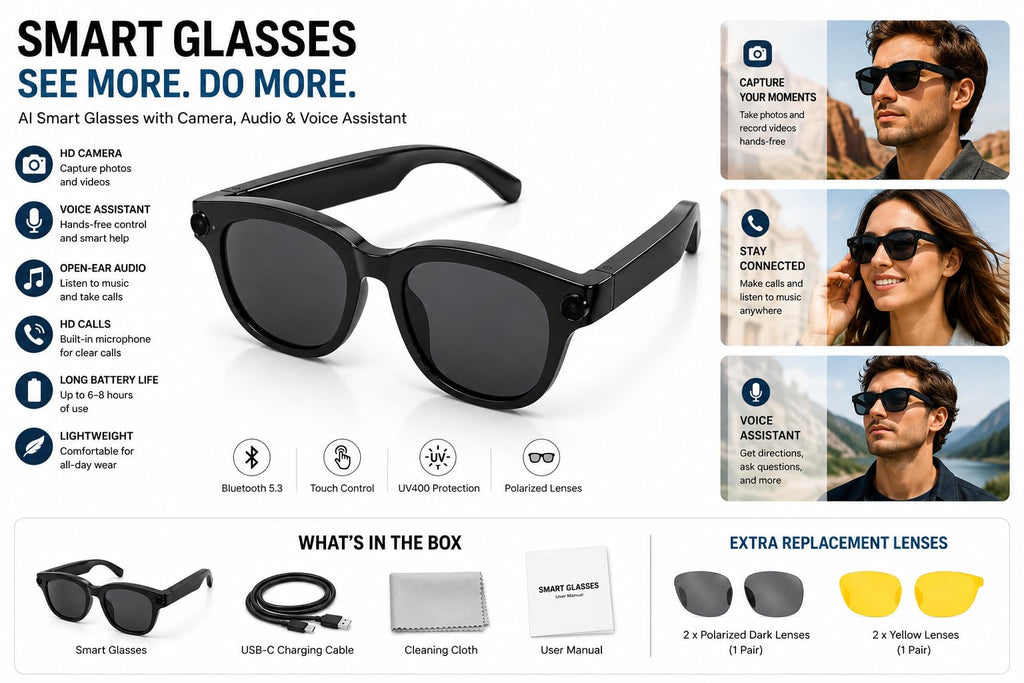AI Smart Glasses with Camera, Black
