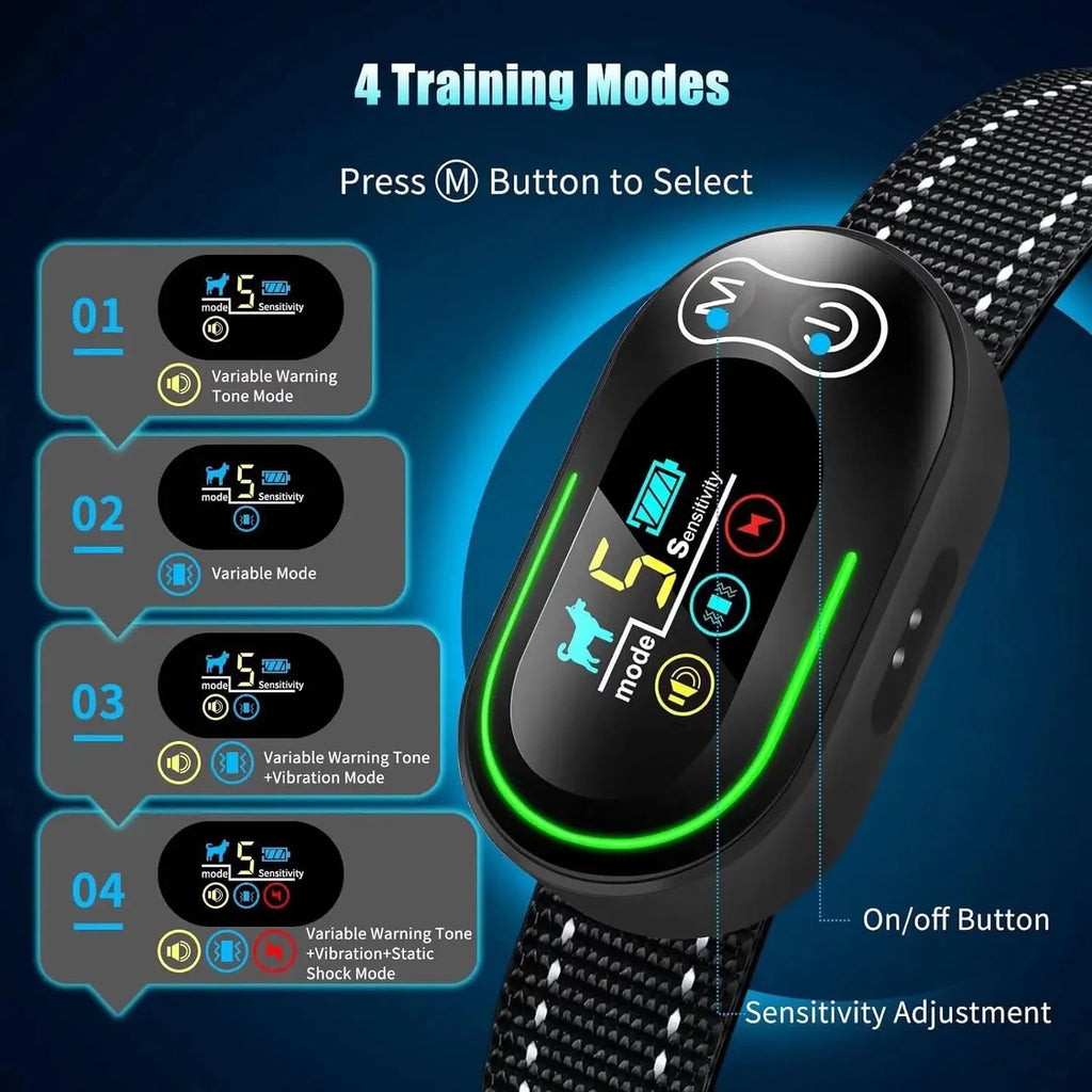 Smart Rechargeable Dog Bark Collar - 3 Mode Electric Shock Anti Barking Collar with LCD Display for Pets